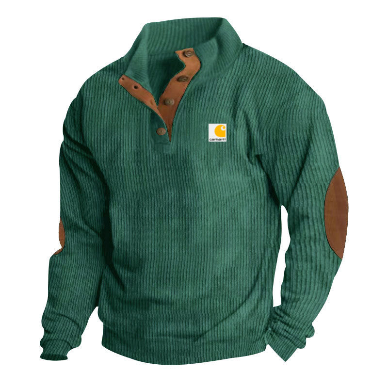 Herren-Strickpullover mit Stehkragen, Druckknopfleiste, Lederbesatz und Ellbogen-Patches