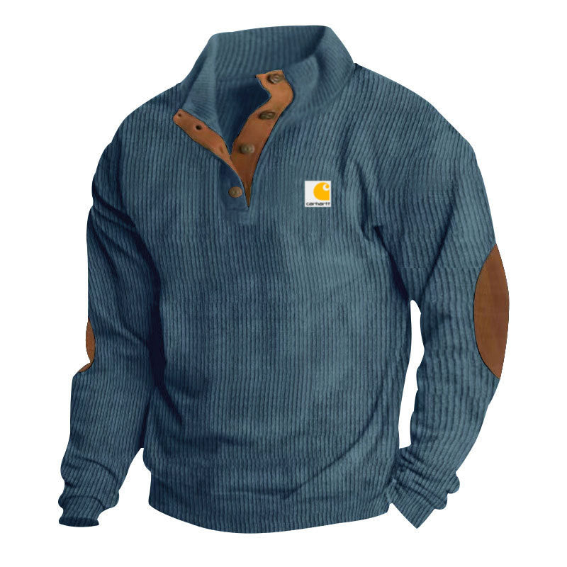 Herren-Strickpullover mit Stehkragen, Druckknopfleiste, Lederbesatz und Ellbogen-Patches
