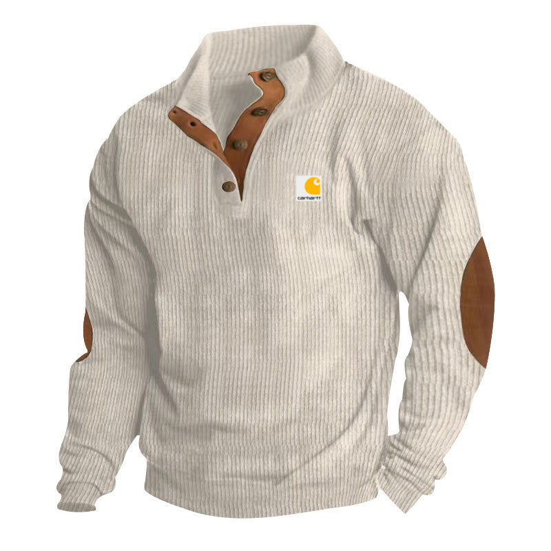 Herren-Strickpullover mit Stehkragen, Druckknopfleiste, Lederbesatz und Ellbogen-Patches