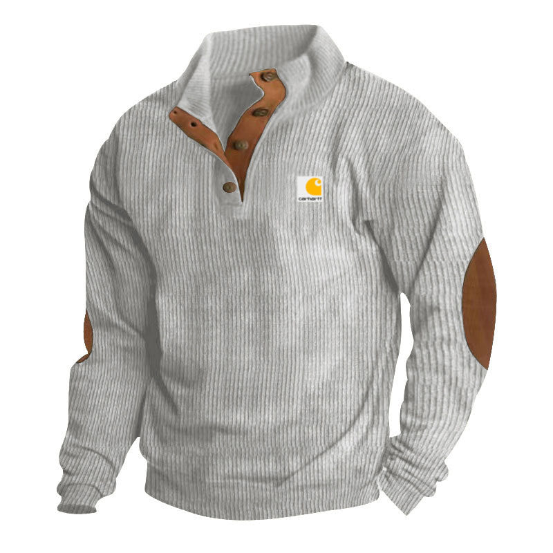 Herren-Strickpullover mit Stehkragen, Druckknopfleiste, Lederbesatz und Ellbogen-Patches
