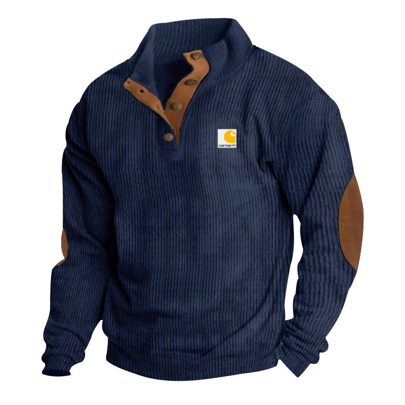 Herren-Strickpullover mit Stehkragen, Druckknopfleiste, Lederbesatz und Ellbogen-Patches