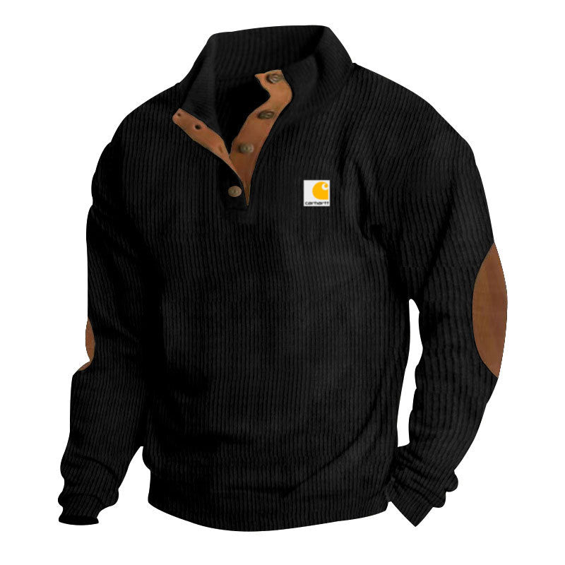 Herren-Strickpullover mit Stehkragen, Druckknopfleiste, Lederbesatz und Ellbogen-Patches