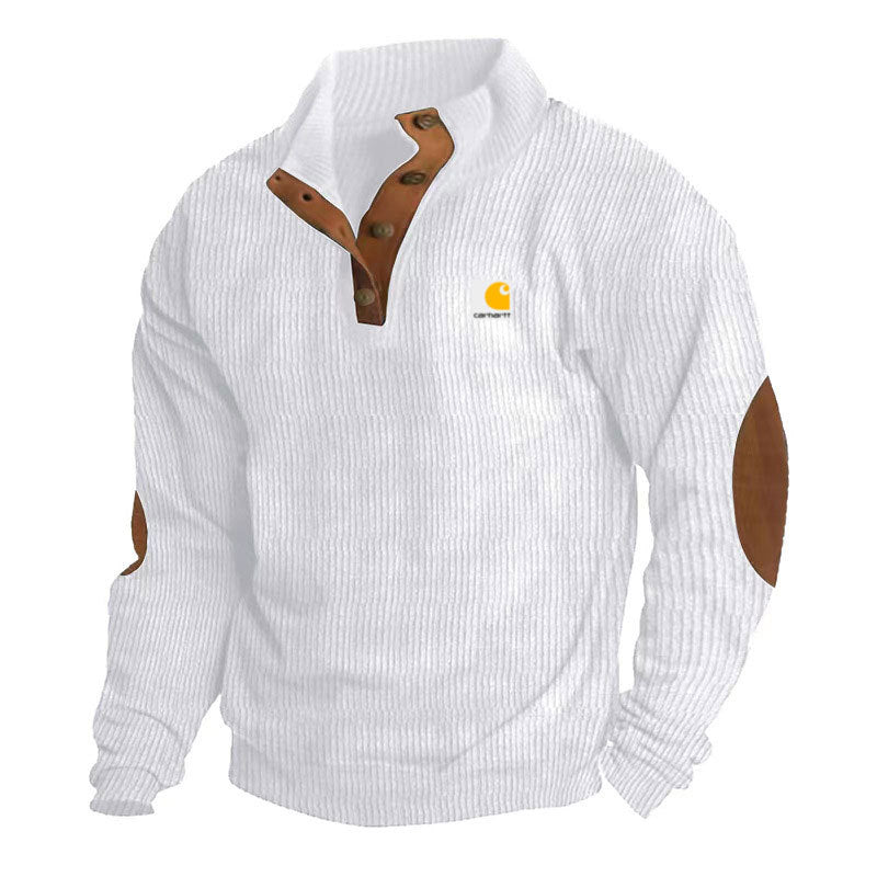 Herren-Strickpullover mit Stehkragen, Druckknopfleiste, Lederbesatz und Ellbogen-Patches