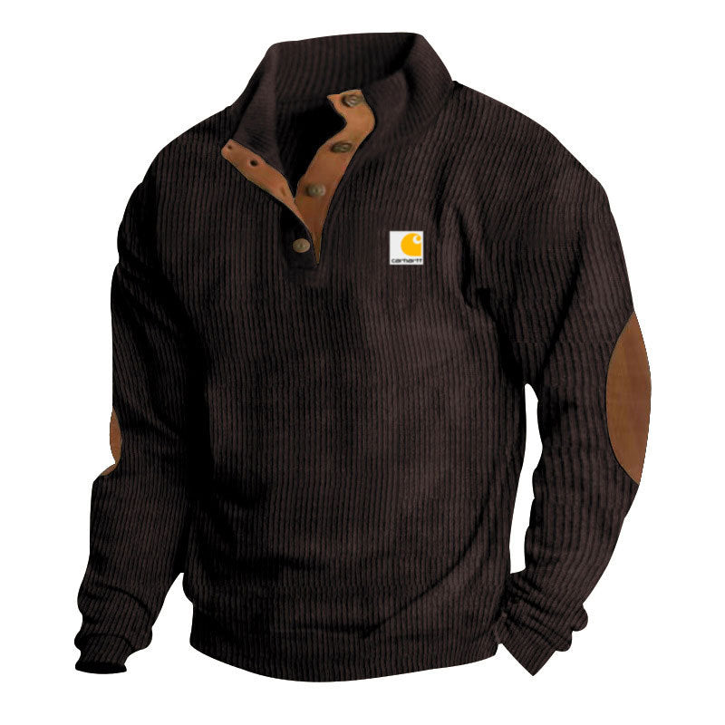 Herren-Strickpullover mit Stehkragen, Druckknopfleiste, Lederbesatz und Ellbogen-Patches