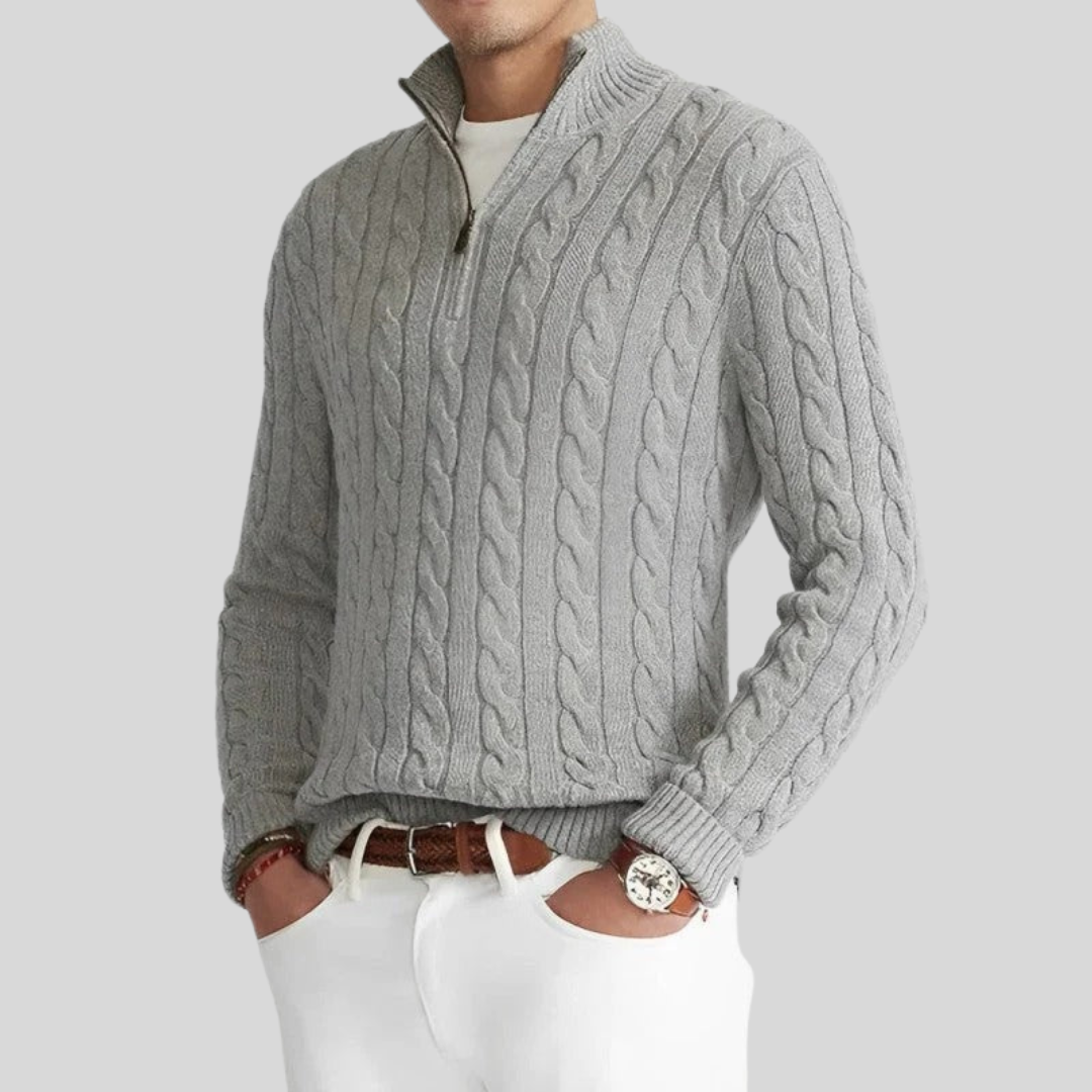 Herren-Strickpullover mit Zopfmuster und Reißverschluss