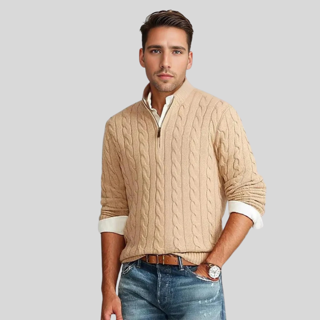 Herren-Strickpullover mit Zopfmuster und Reißverschluss