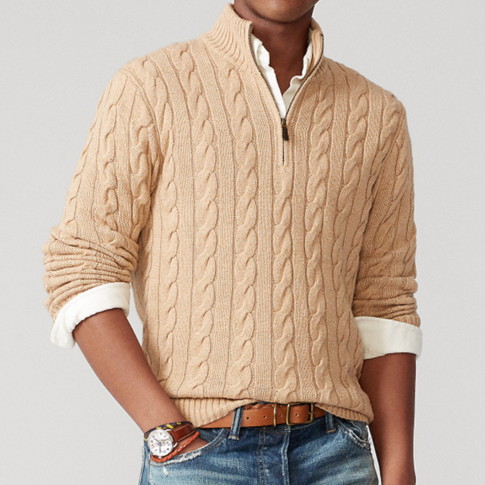 Herren-Strickpullover mit Zopfmuster und Reißverschluss