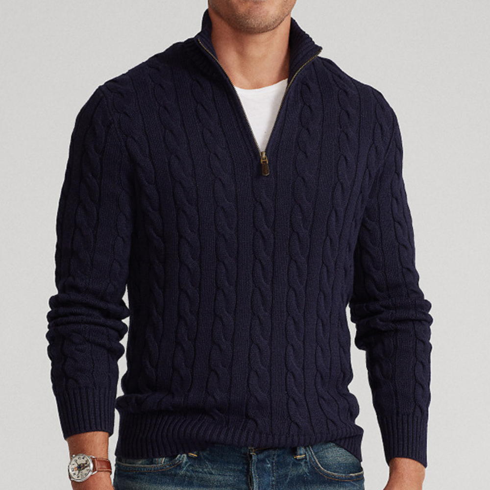 Herren-Strickpullover mit Zopfmuster und Reißverschluss