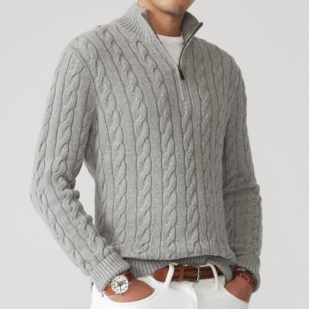 Herren-Strickpullover mit Zopfmuster und Reißverschluss