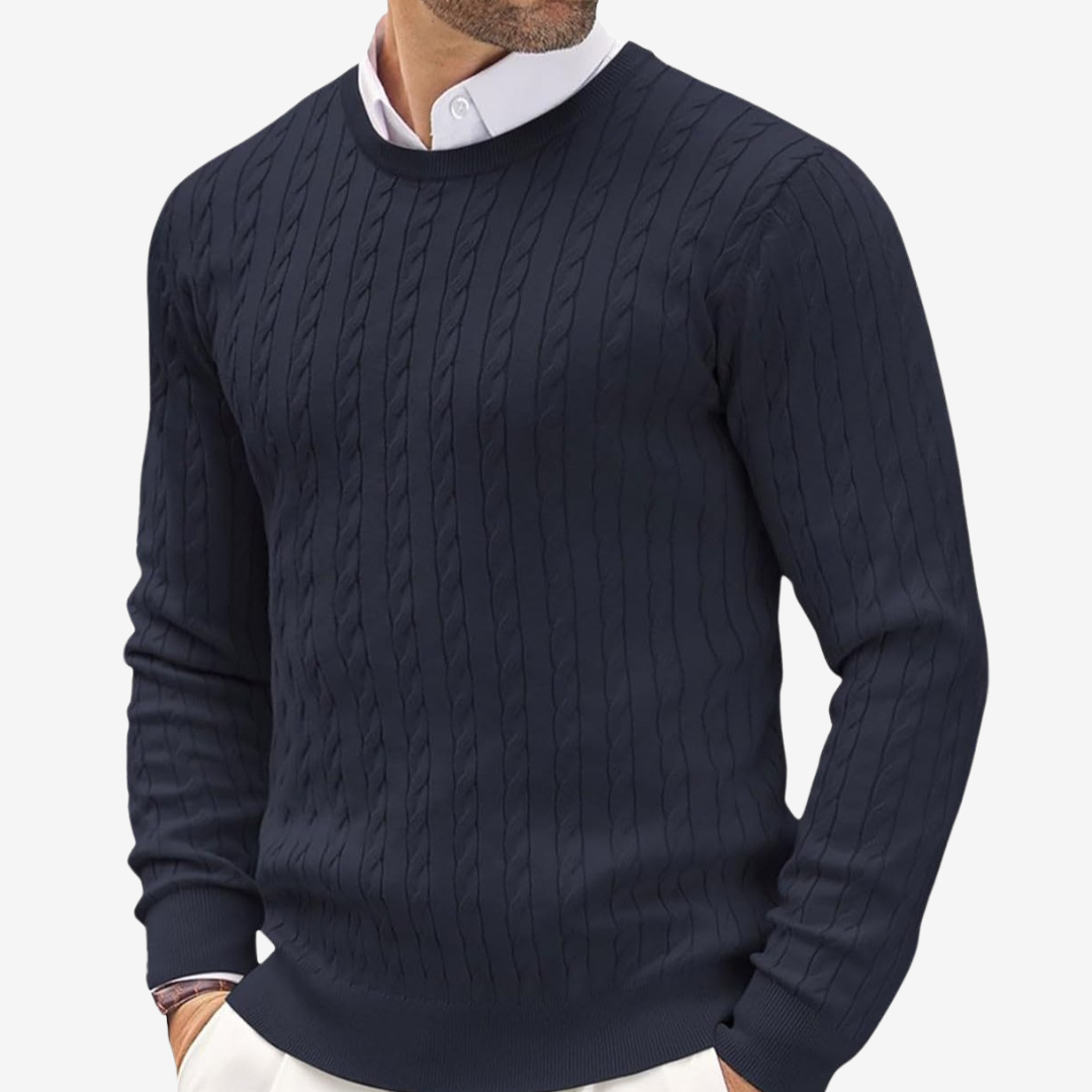 Herren-Strickpullover mit Zopfmuster und Rundhalsausschnitt