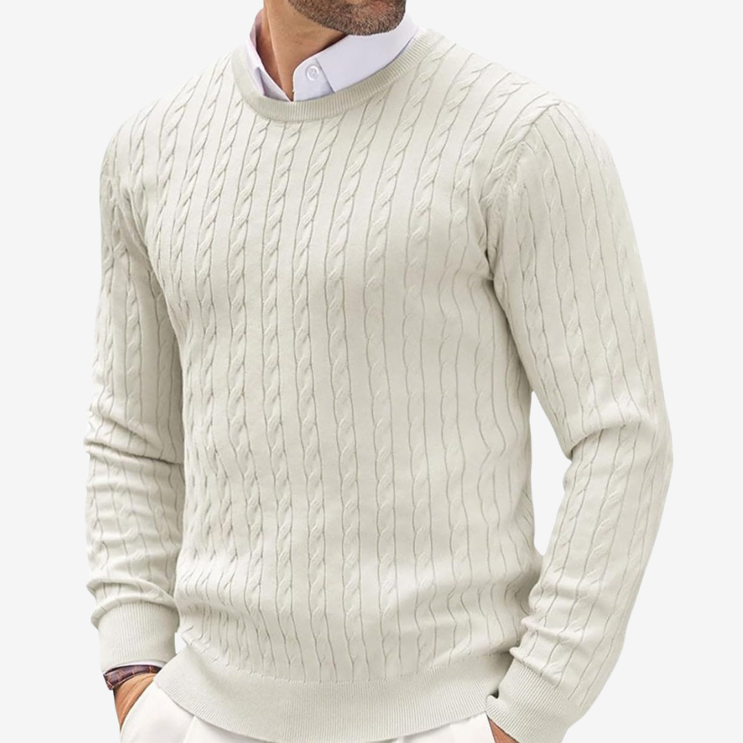 Herren-Strickpullover mit Zopfmuster und Rundhalsausschnitt