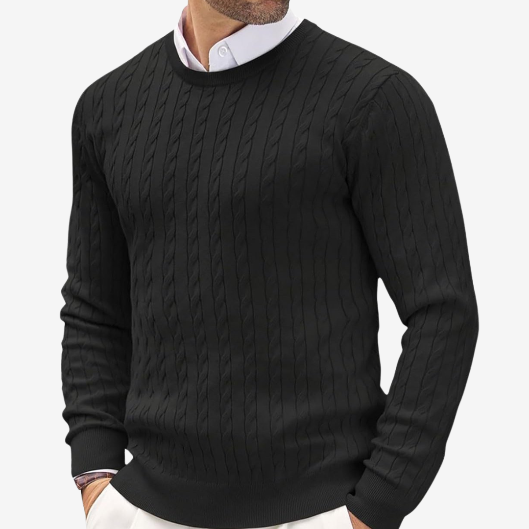 Herren-Strickpullover mit Zopfmuster und Rundhalsausschnitt