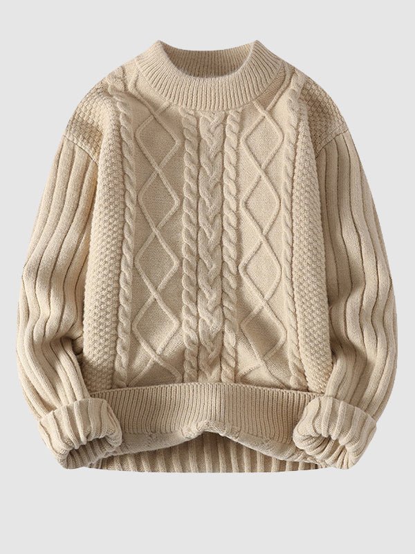 Herren-Strickpullover mit Zopfmuster und Rundhalsausschnitt