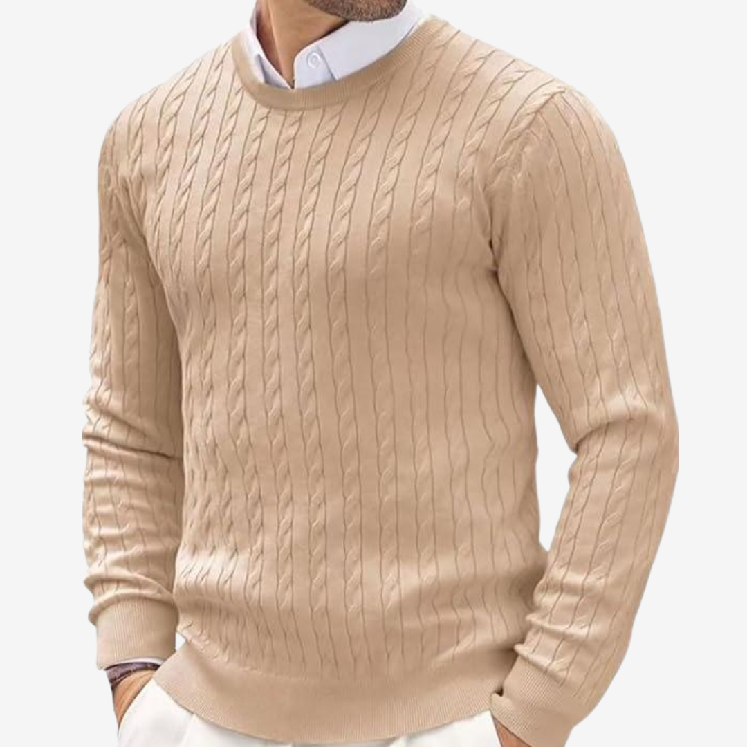Herren-Strickpullover mit Zopfmuster und Rundhalsausschnitt