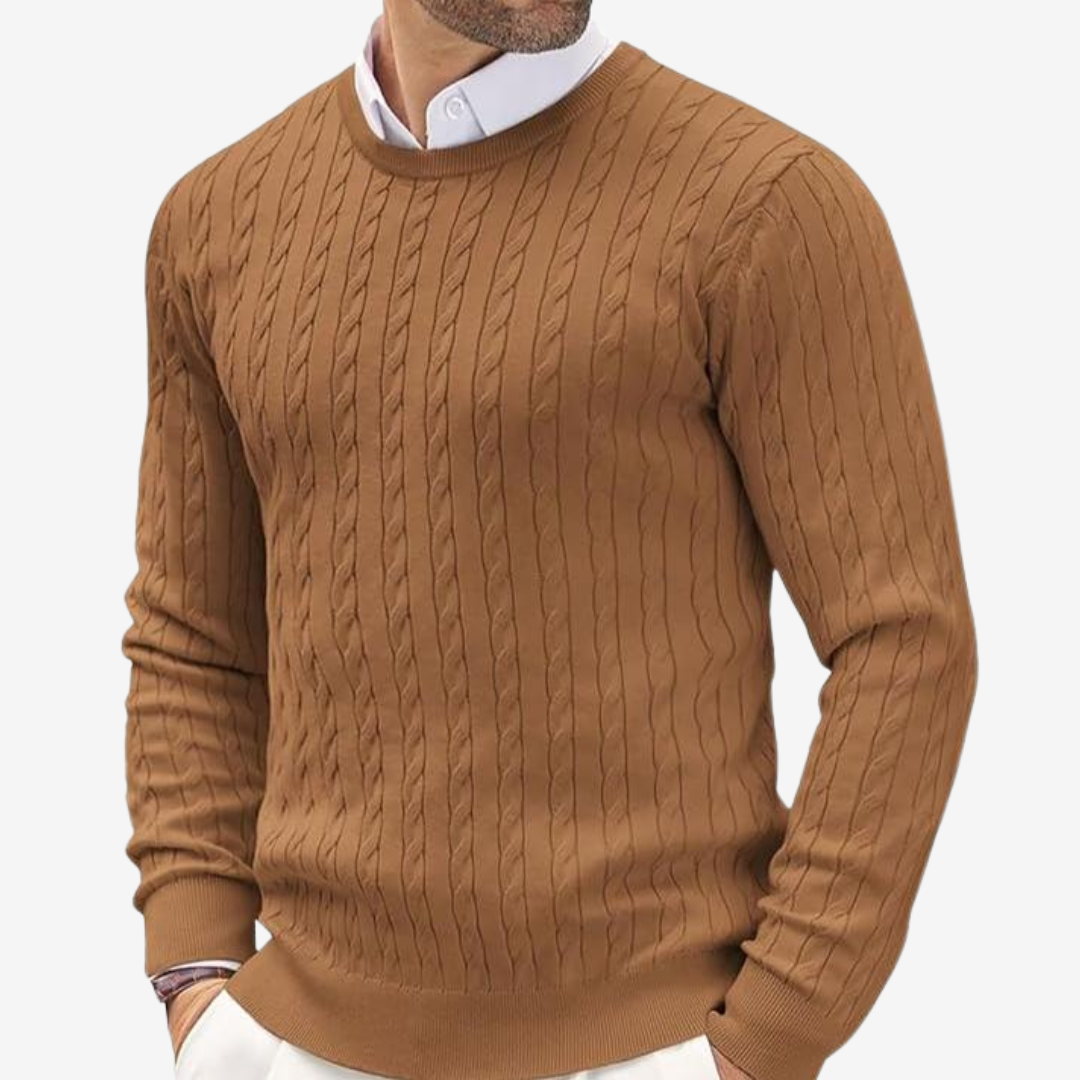 Herren-Strickpullover mit Zopfmuster und Rundhalsausschnitt