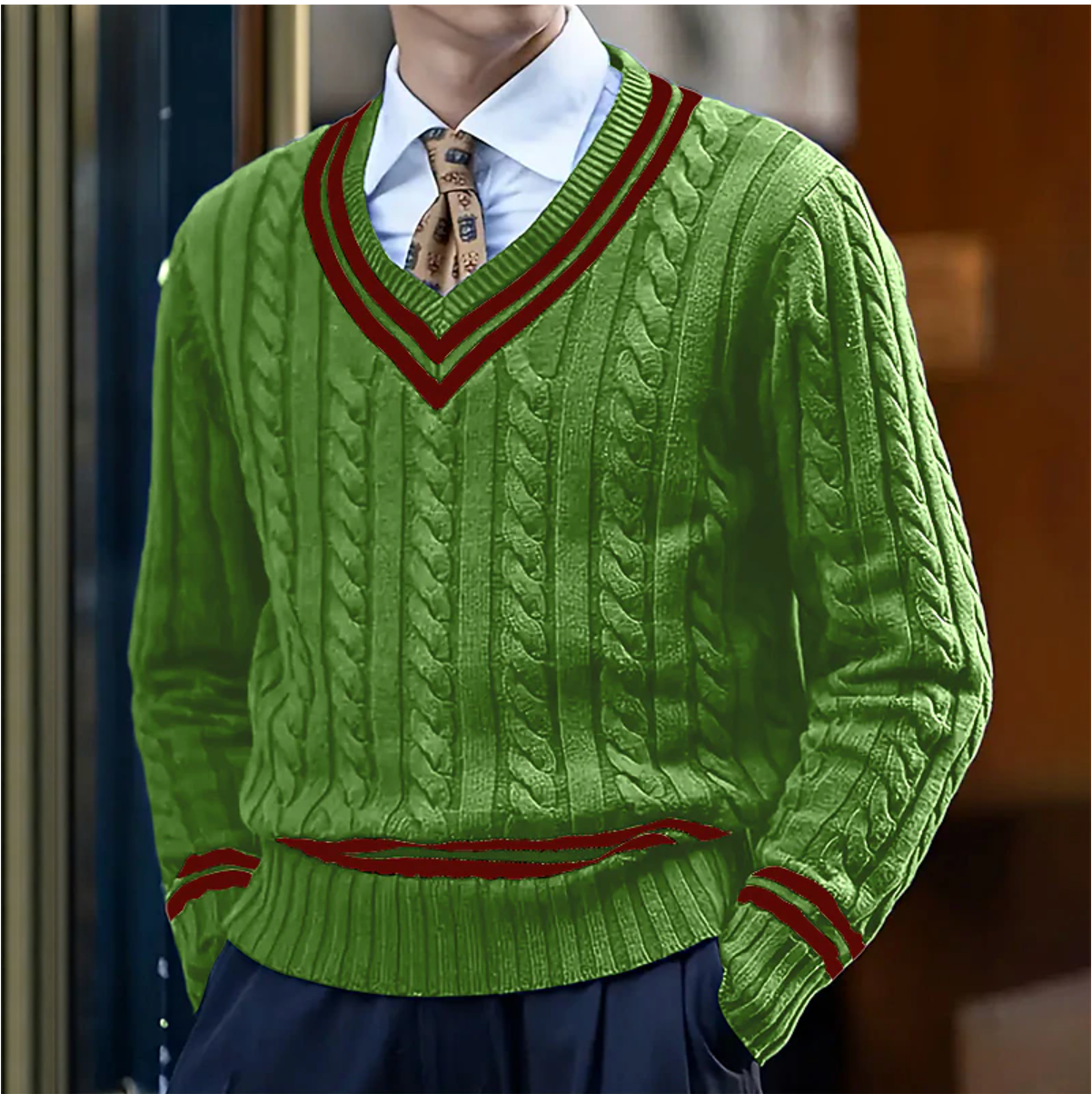 Herren-Strickpullover mit Zopfmuster und V-Ausschnitt