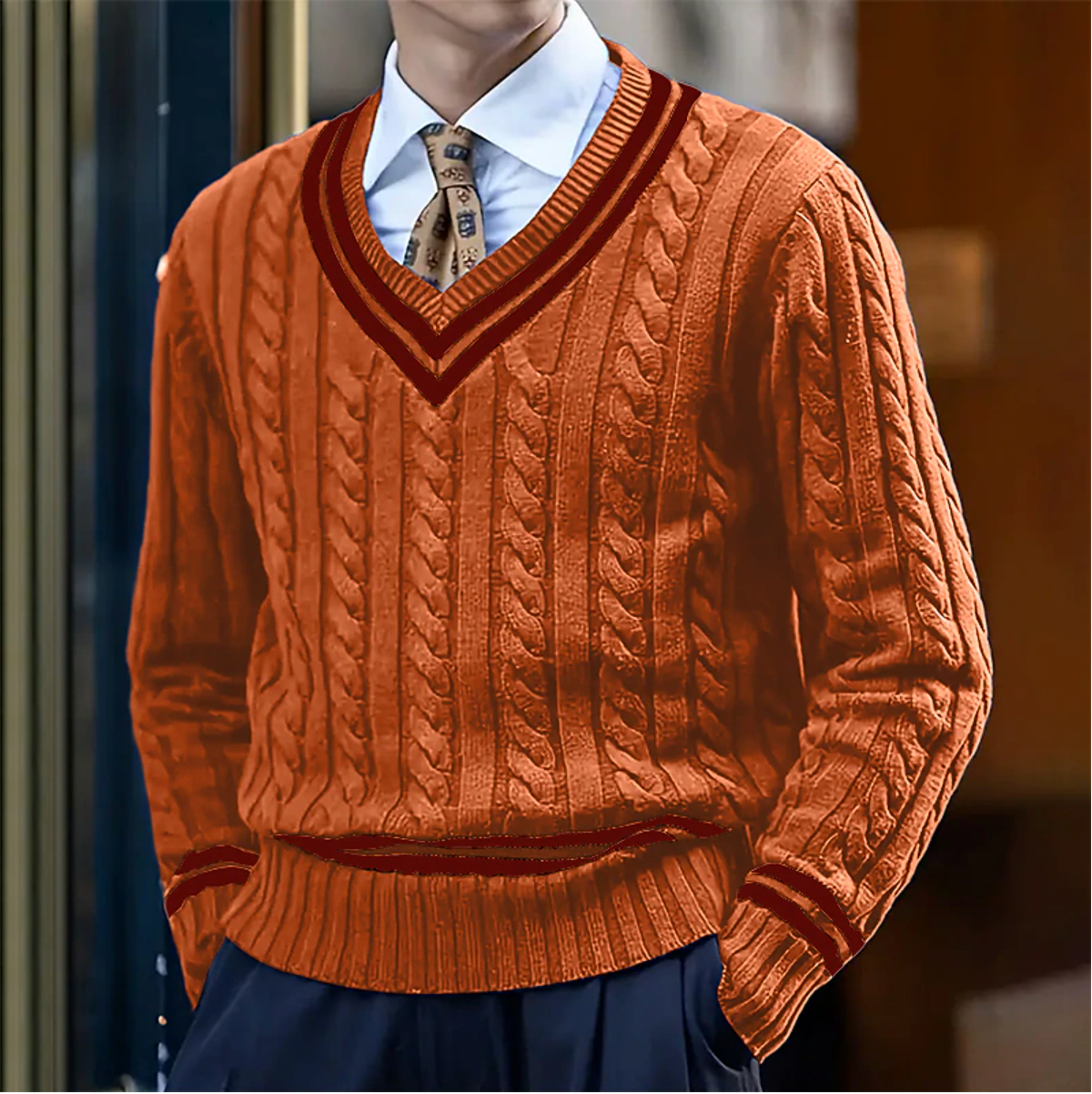 Herren-Strickpullover mit Zopfmuster und V-Ausschnitt