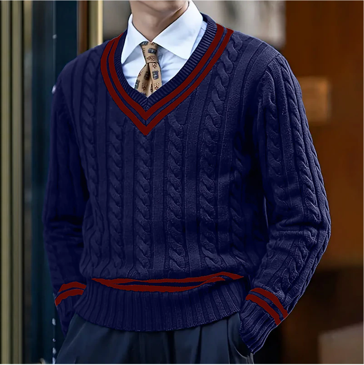 Herren-Strickpullover mit Zopfmuster und V-Ausschnitt
