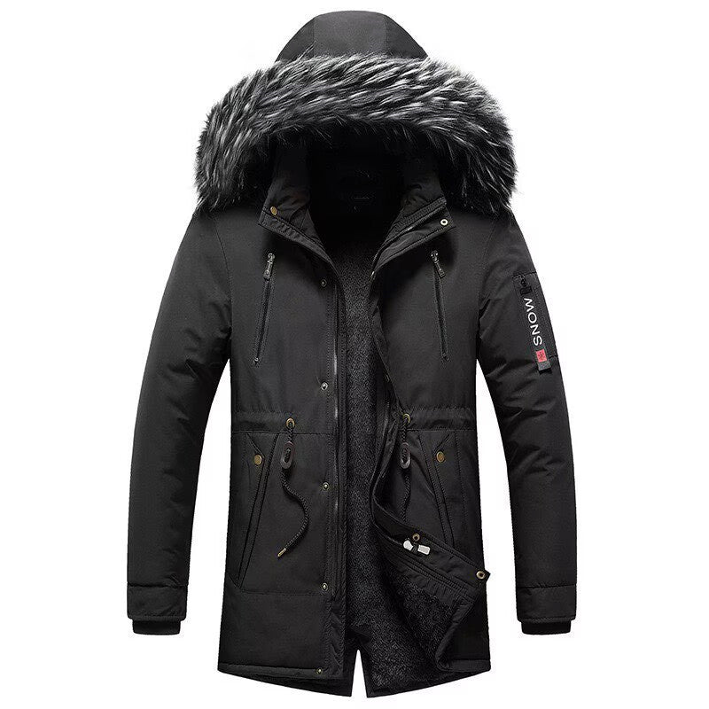 Herren-Winterparka mit Kunstfellkapuze, gefütterter Thermomantel mit Kordelzug und Taschen