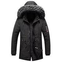 Herren-Winterparka mit Kunstfellkapuze, gefütterter Thermomantel mit Kordelzug und Taschen