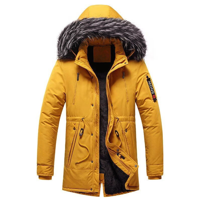 Herren-Winterparka mit Kunstfellkapuze, gefütterter Thermomantel mit Kordelzug und Taschen