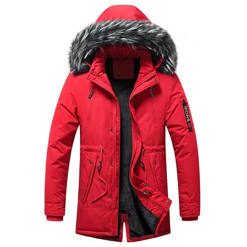 Herren-Winterparka mit Kunstfellkapuze, gefütterter Thermomantel mit Kordelzug und Taschen