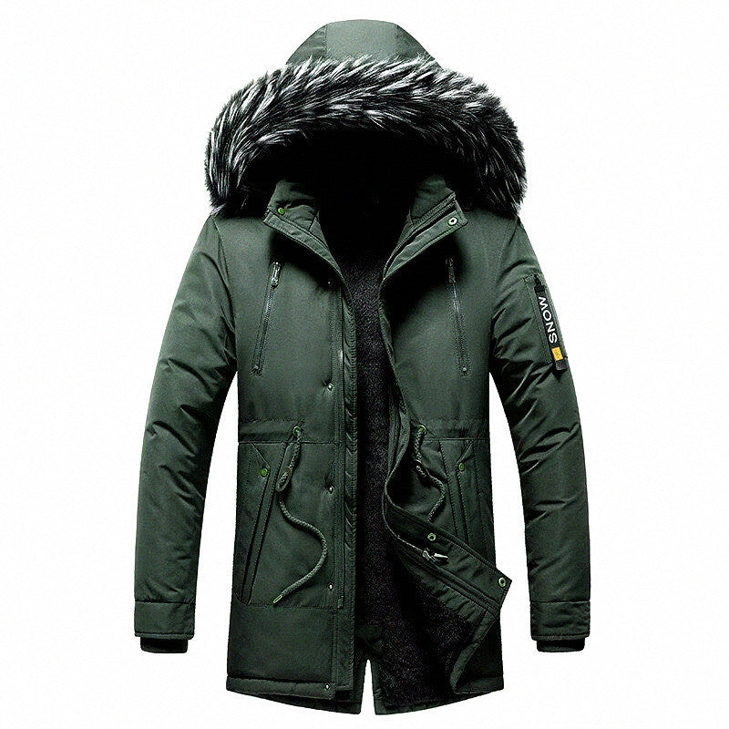Herren-Winterparka mit Kunstfellkapuze, gefütterter Thermomantel mit Kordelzug und Taschen