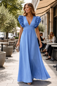 Hochzeitsgastkleid für Damen - Maxikleid mit V-Ausschnitt und Rüschen