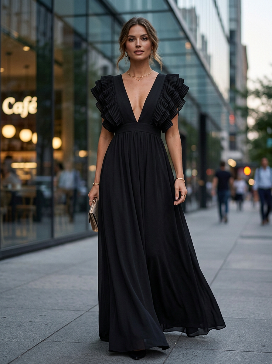 Hochzeitsgastkleid für Damen - Maxikleid mit V-Ausschnitt und Rüschen