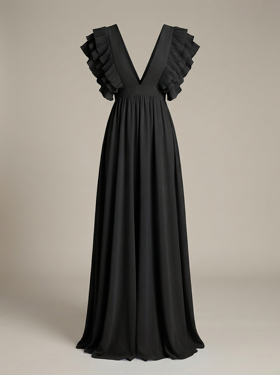 Hochzeitsgastkleid für Damen - Maxikleid mit V-Ausschnitt und Rüschen