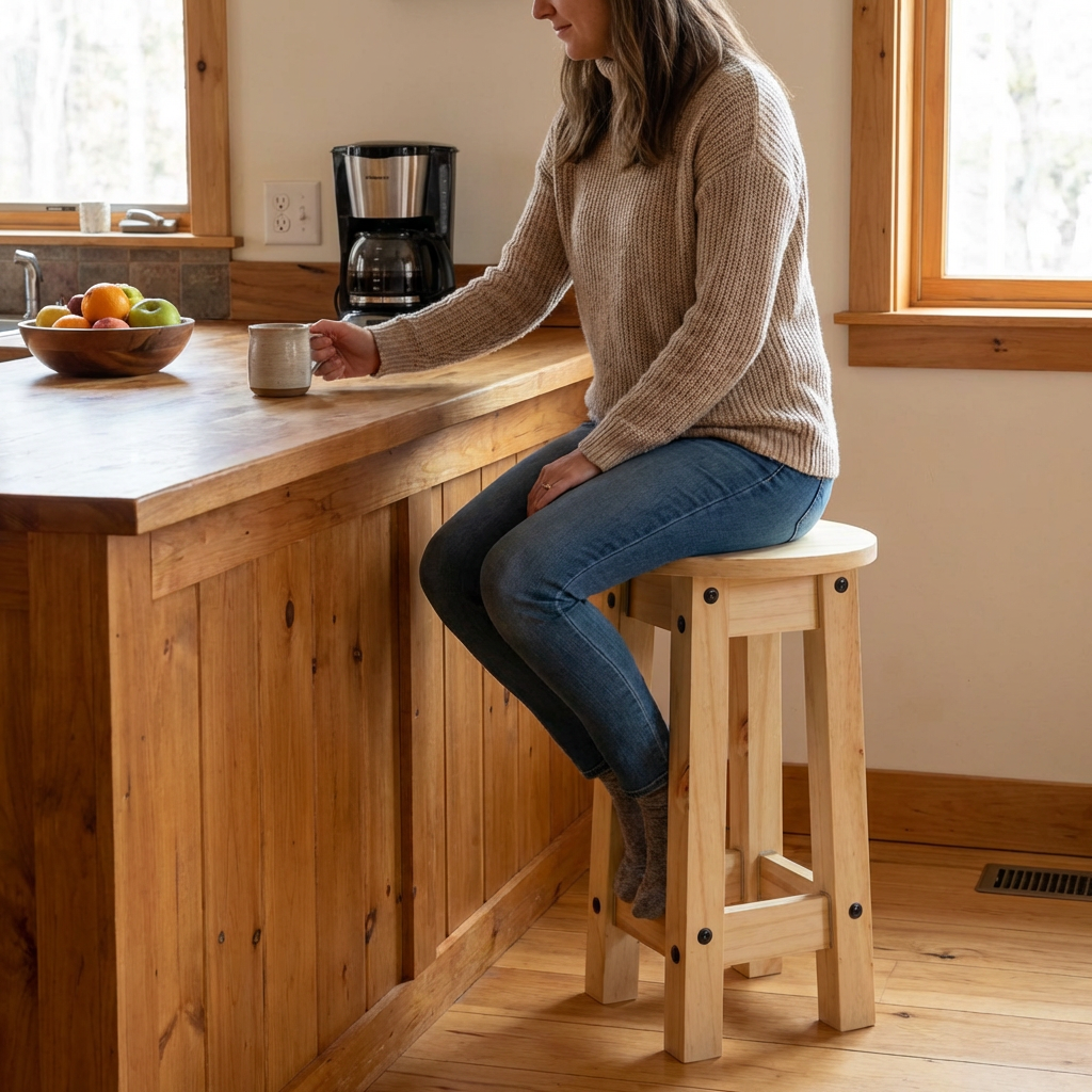 Hocker mit runder Sitzfläche und verstärkendem Untergestell