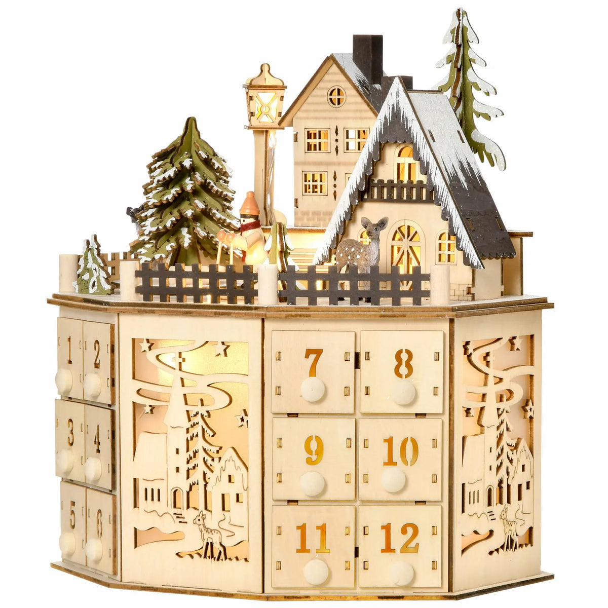 Holz-Adventskalender mit 24 Fächern und warmweißem LED-Licht für weihnachtliche Atmosphäre