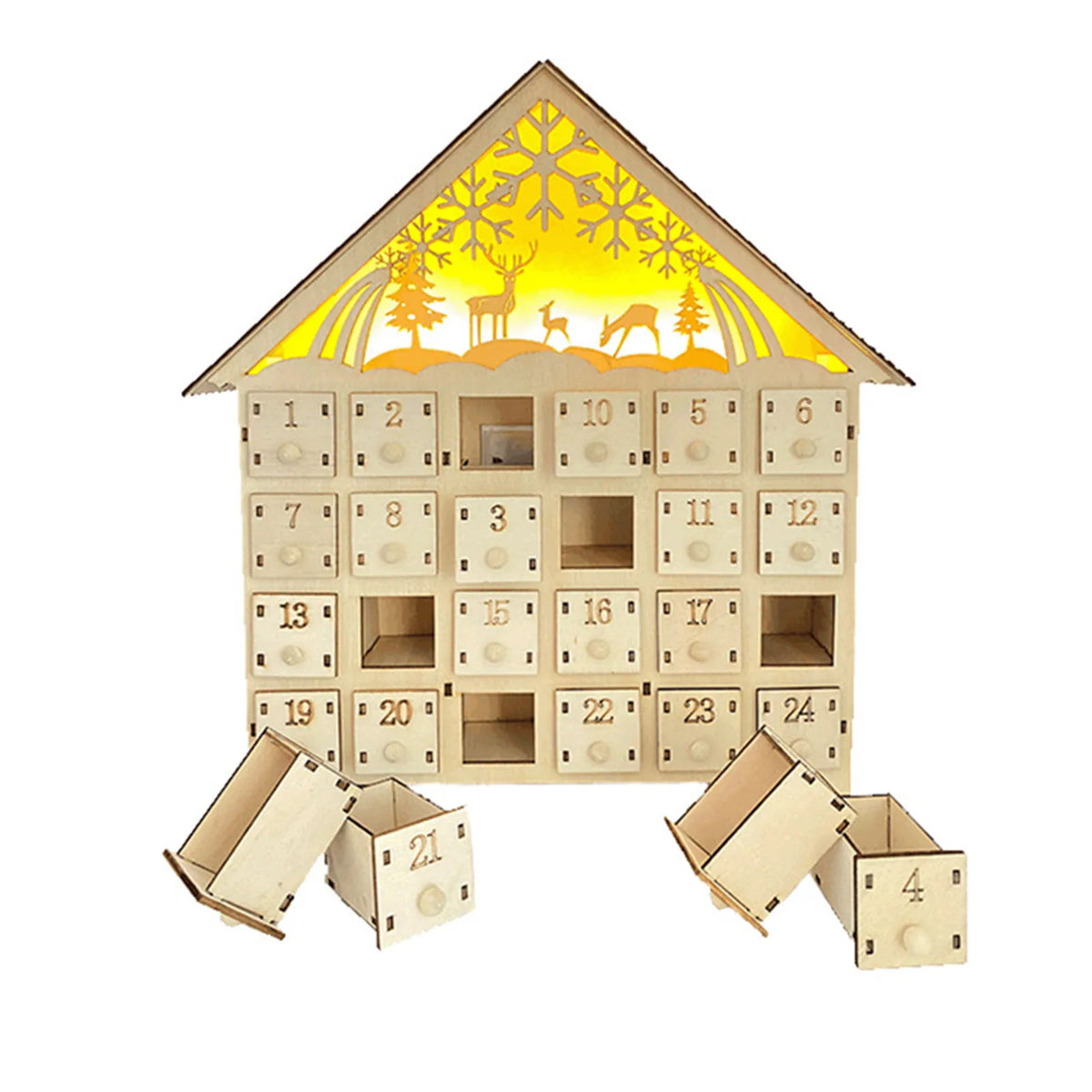 Holz-Adventskalender mit 24 Fächern und warmweißem LED-Licht für weihnachtliche Atmosphäre