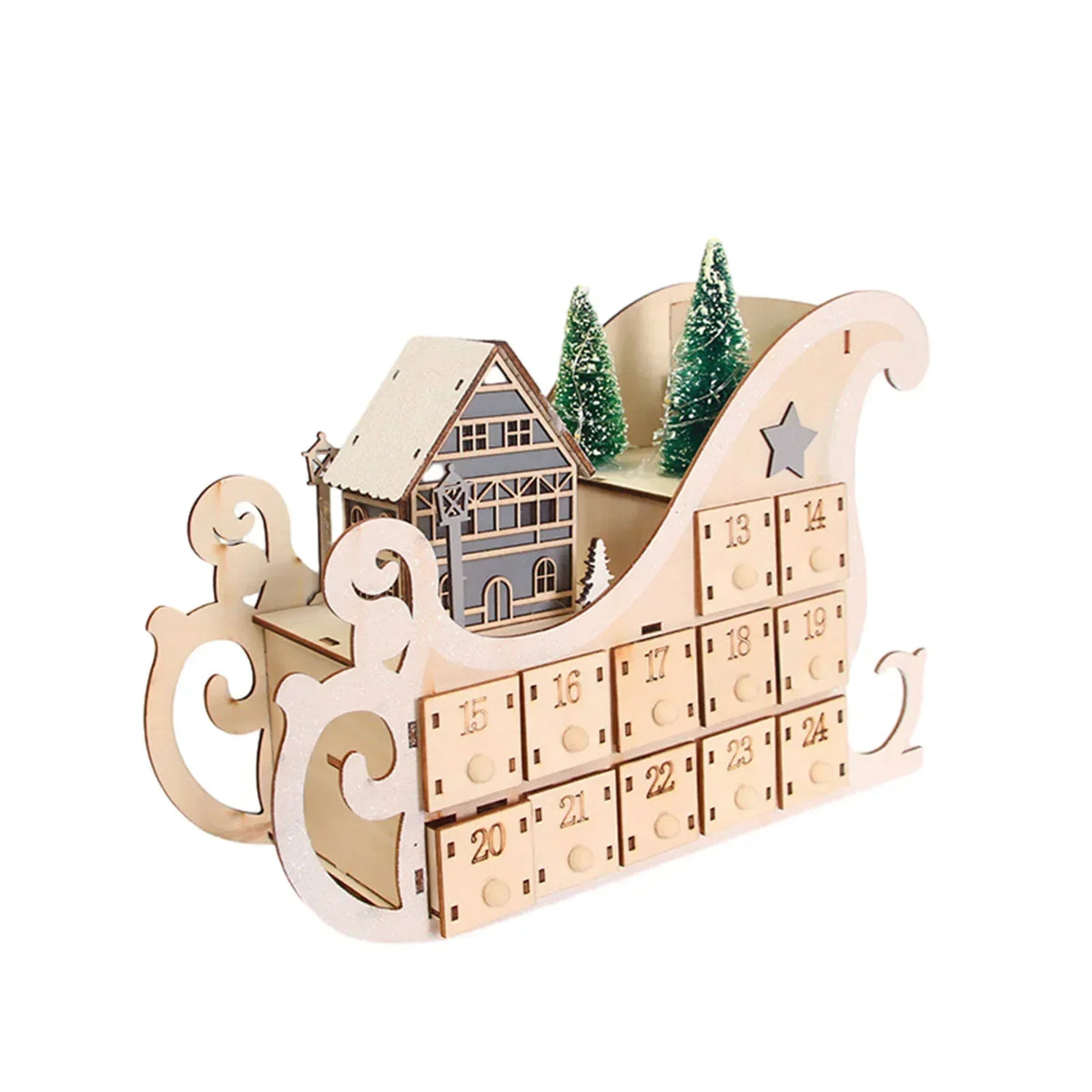Holz-Adventskalender mit 24 Fächern und warmweißem LED-Licht für weihnachtliche Atmosphäre