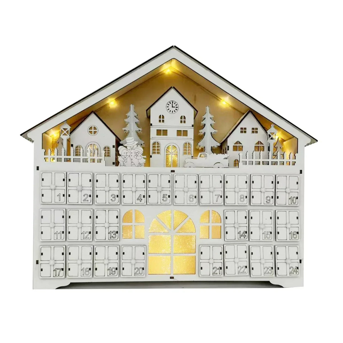 Holz-Adventskalender mit 24 Fächern und warmweißem LED-Licht für weihnachtliche Atmosphäre