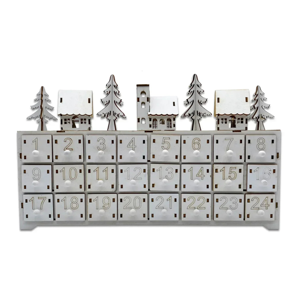 Holz-Adventskalender mit 24 Fächern und warmweißem LED-Licht für weihnachtliche Atmosphäre