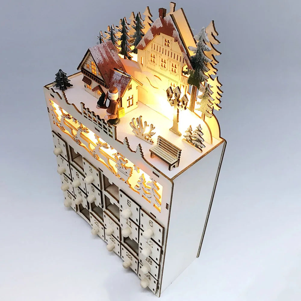 Holz-Adventskalender mit 24 Fächern und warmweißem LED-Licht für weihnachtliche Atmosphäre