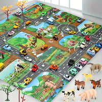 Interaktiver Abenteuerspielteppich – Bauernhof und Straßenverkehr mit Spielzeug entdecken