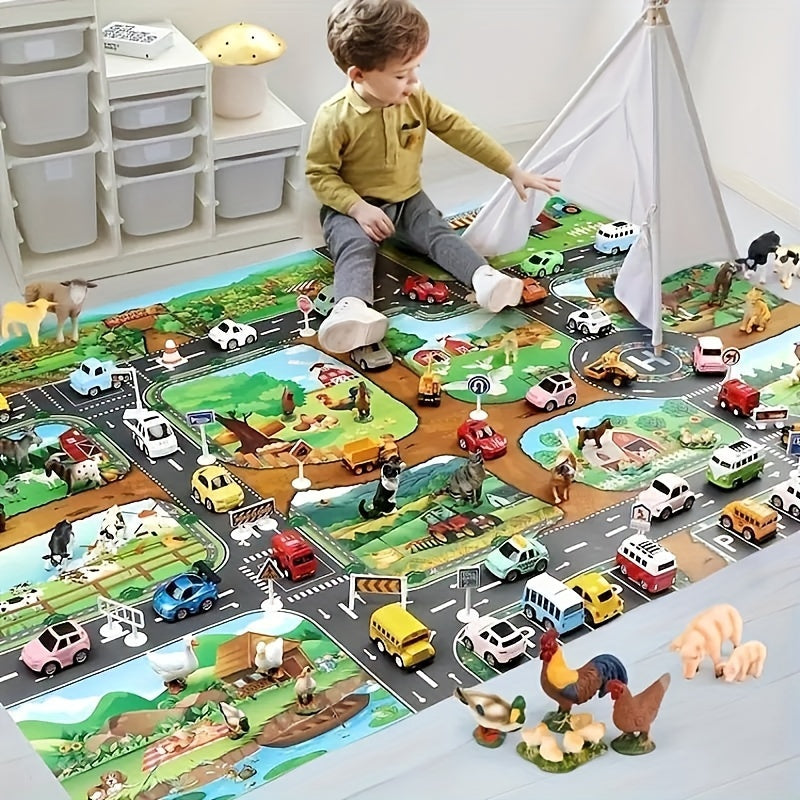 Interaktiver Abenteuerspielteppich – Bauernhof und Straßenverkehr mit Spielzeug entdecken