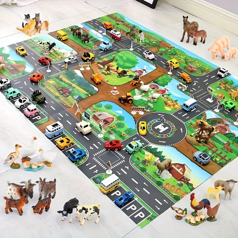 Interaktiver Abenteuerspielteppich – Bauernhof und Straßenverkehr mit Spielzeug entdecken