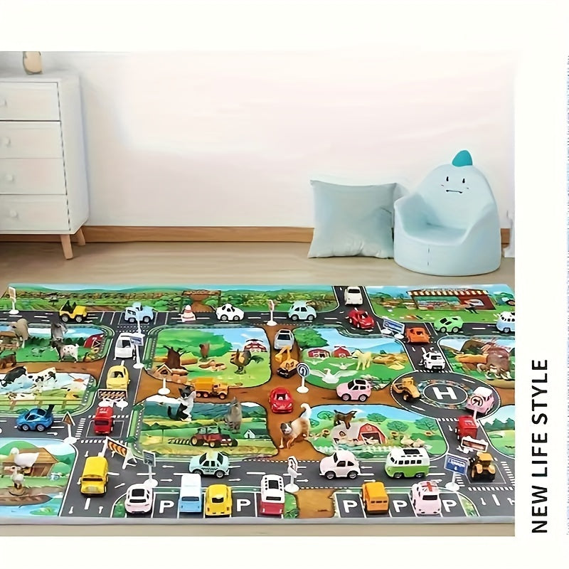 Interaktiver Abenteuerspielteppich – Bauernhof und Straßenverkehr mit Spielzeug entdecken