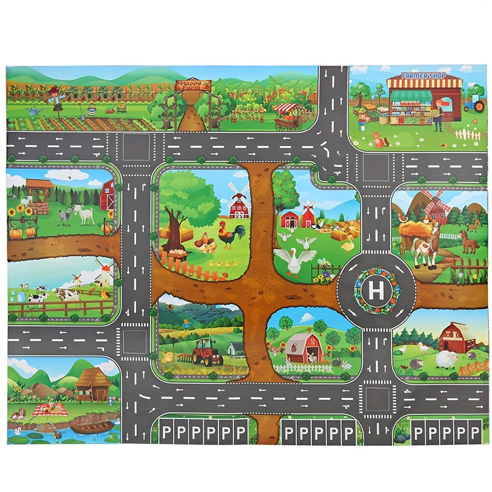 Interaktiver Abenteuerspielteppich – Bauernhof und Straßenverkehr mit Spielzeug entdecken