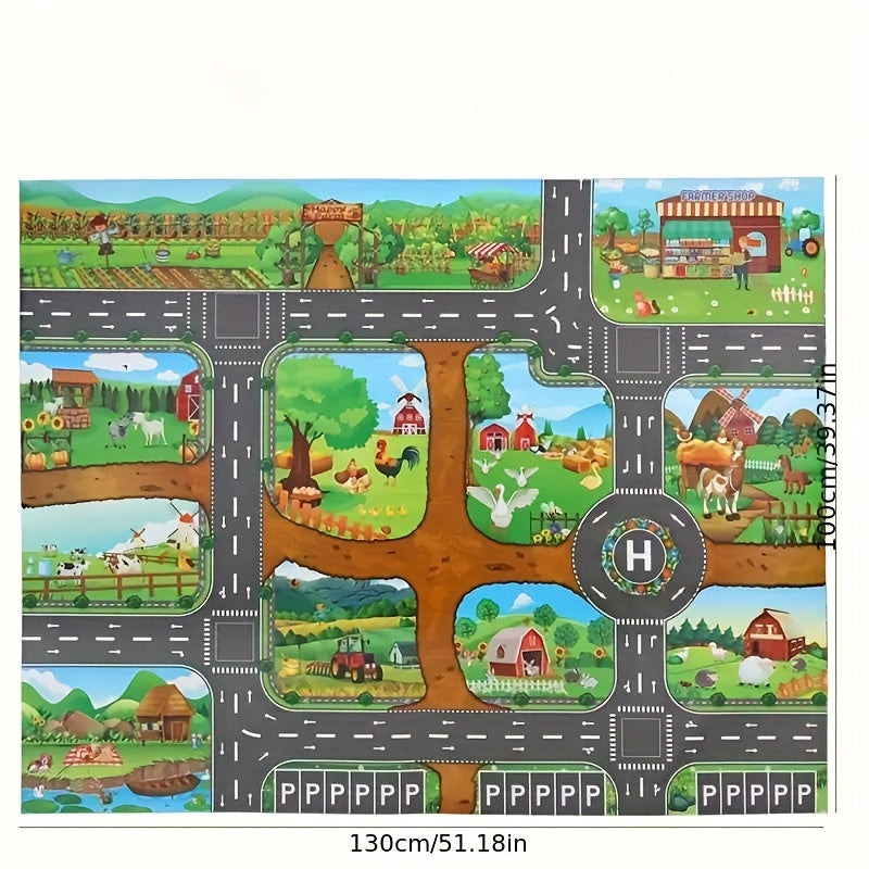Interaktiver Abenteuerspielteppich – Bauernhof und Straßenverkehr mit Spielzeug entdecken