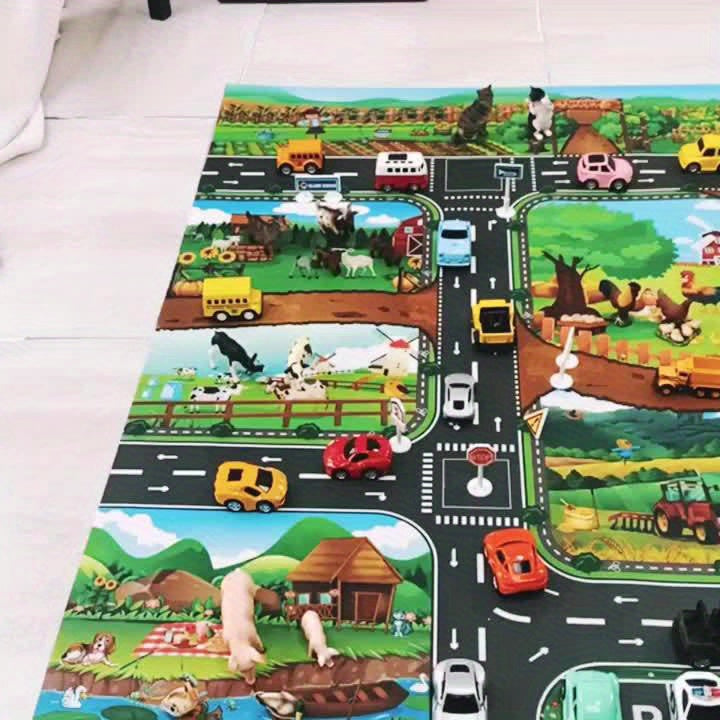 Interaktiver Abenteuerspielteppich – Bauernhof und Straßenverkehr mit Spielzeug entdecken