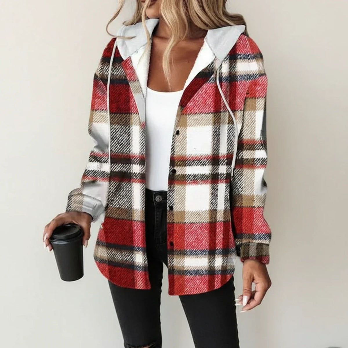Karierte Damen-Hemdjacke mit Kapuze für den Winter