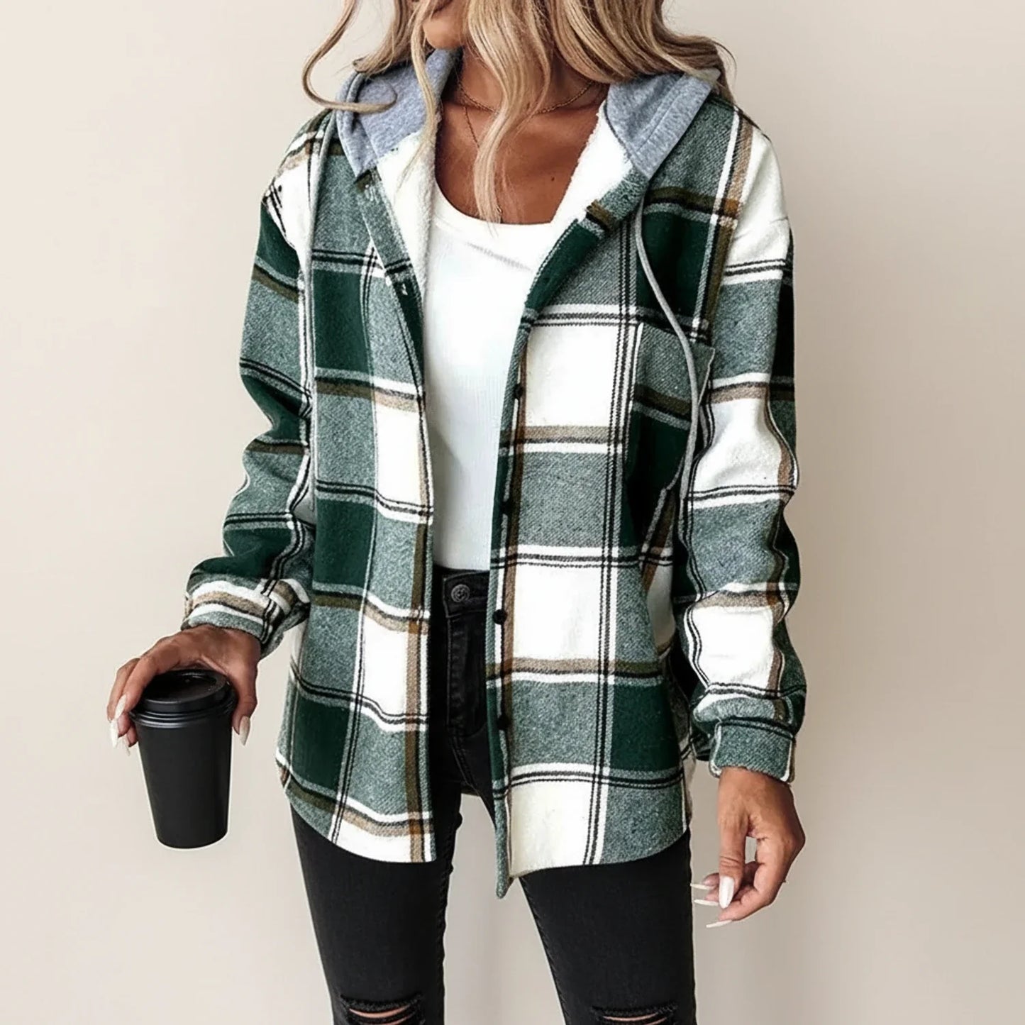 Karierte Damen-Hemdjacke mit Kapuze für den Winter