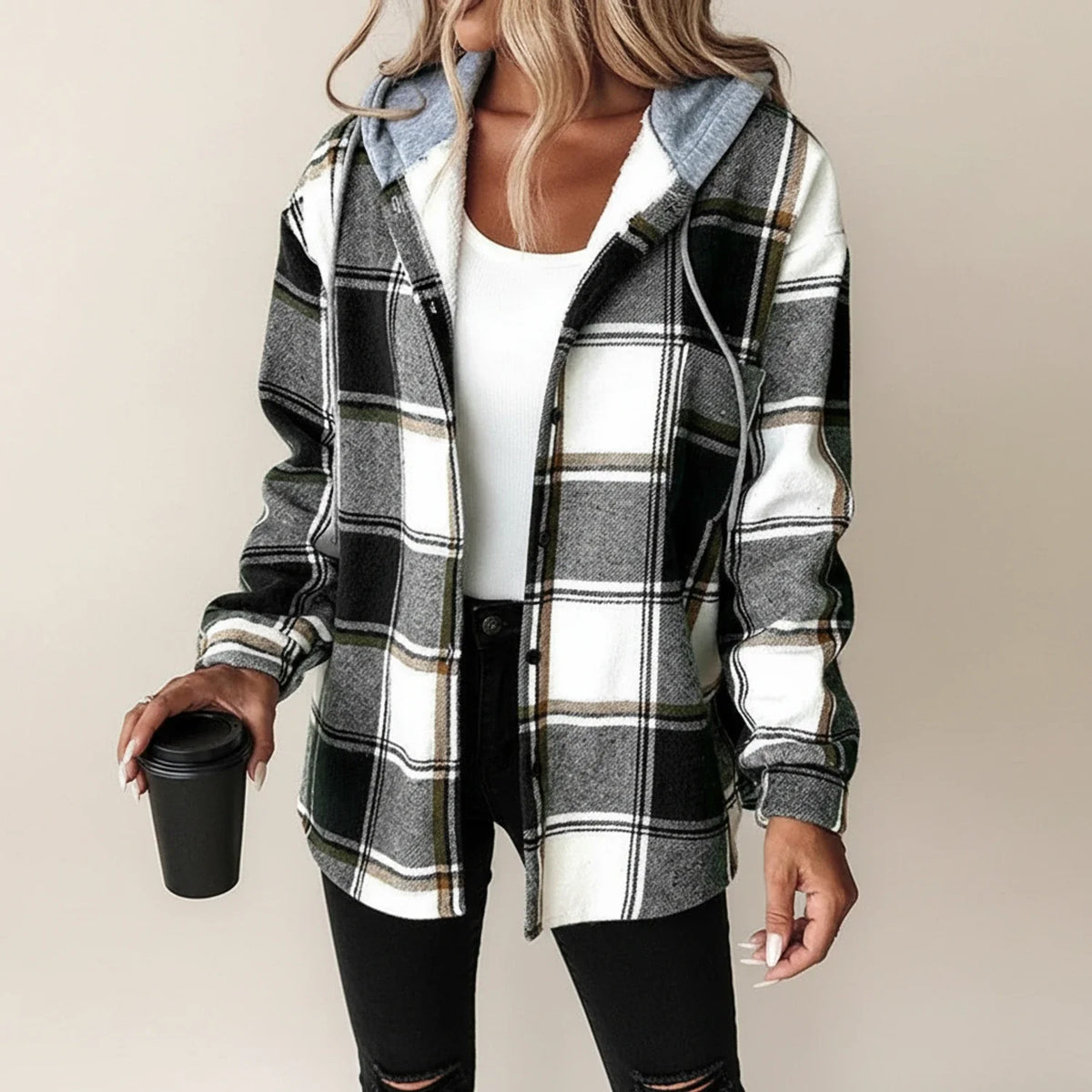 Karierte Damen-Hemdjacke mit Kapuze für den Winter