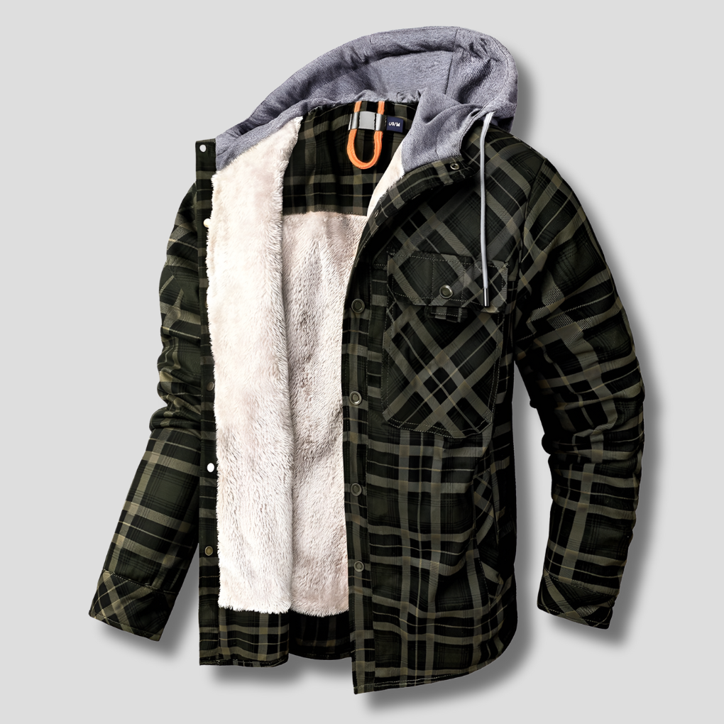 Karierte Herren-Kapuzenjacke mit Sherpa-Futter