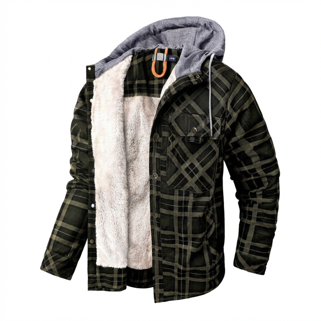 Karierte Herren-Kapuzenjacke mit Sherpa-Futter