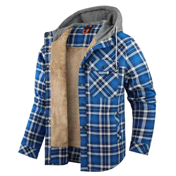 Karierte Herren-Kapuzenjacke mit Sherpa-Futter